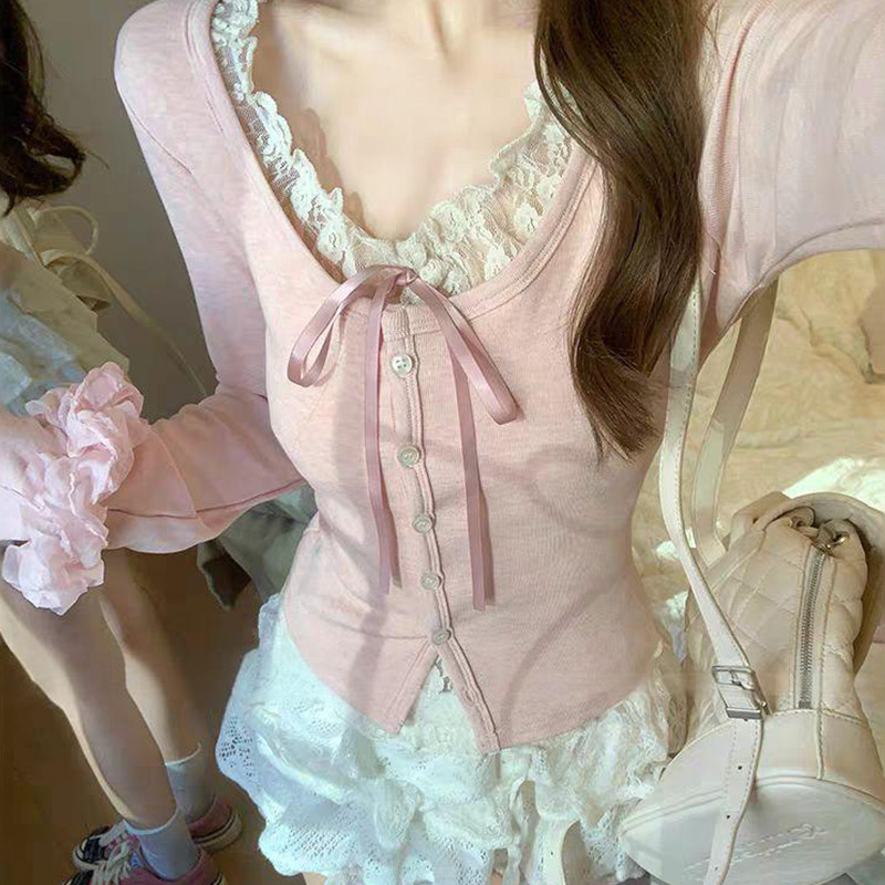 อเนกประสงค์ปลอมสองชิ้นด้านบนลูกไม้สีชมพูแขนยาวผู้หญิงเสื้อยืดกระชับสัดส่วนเสื้อถักระบายอากาศ SY