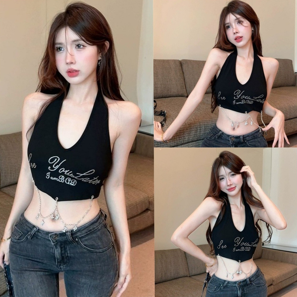🌟Anne🌟เสื้อคล้องคอ ซับใน สาวเท่ 🥰ลายเก๋ๆ โซ่เหล็ก เสื้อครอป y2kสไตล์🎆#FYN41