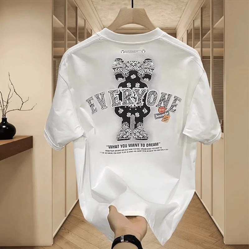 2026 Heavy Pure Cotton Street Wear Letter การ์ตูนหมีเสื้อยืดสไตล์อเมริกัน Ruffian หล่อพิมพ์ผู้ชายแขน