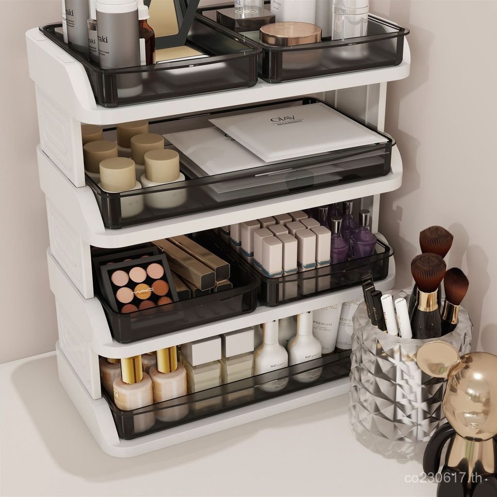 กล่องเก็บลิ้นชักสก์ท็อปสํานักงานลิปสติกชั้นวางหอพักโปร่งใสหลายชั้นเครื่องสําอางเก็บเครื่องสําอาง ก3u