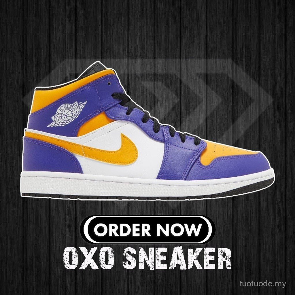 Air Jordan 1 Mid Lakers Aj1 BQ8426-517 รองเท้าผ้าใบ Nike รองเท้าผู้หญิงผู้ชาย Kasut OTZL