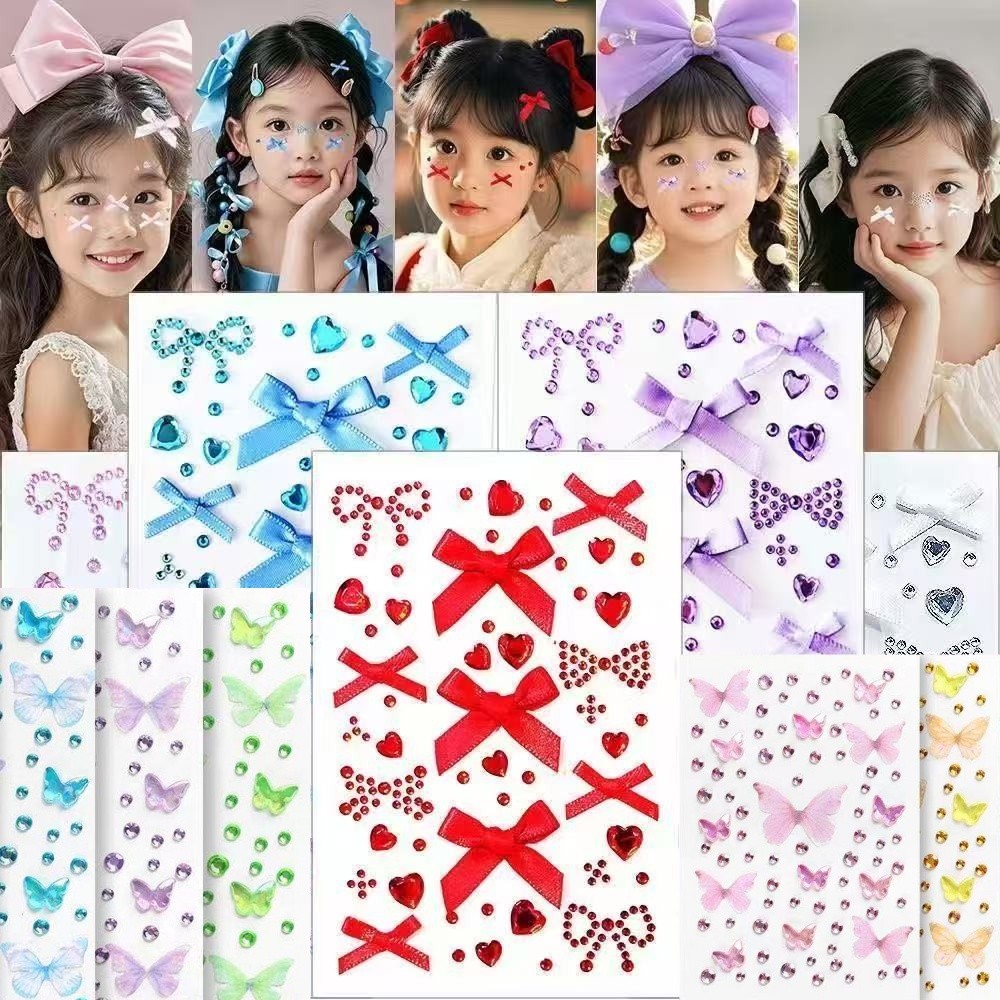สติกเกอร์ประดับหน้าแบบโบว์และเพชร สำหรับการแต่งหน้าของเด็กในงานแสดงบนเวที