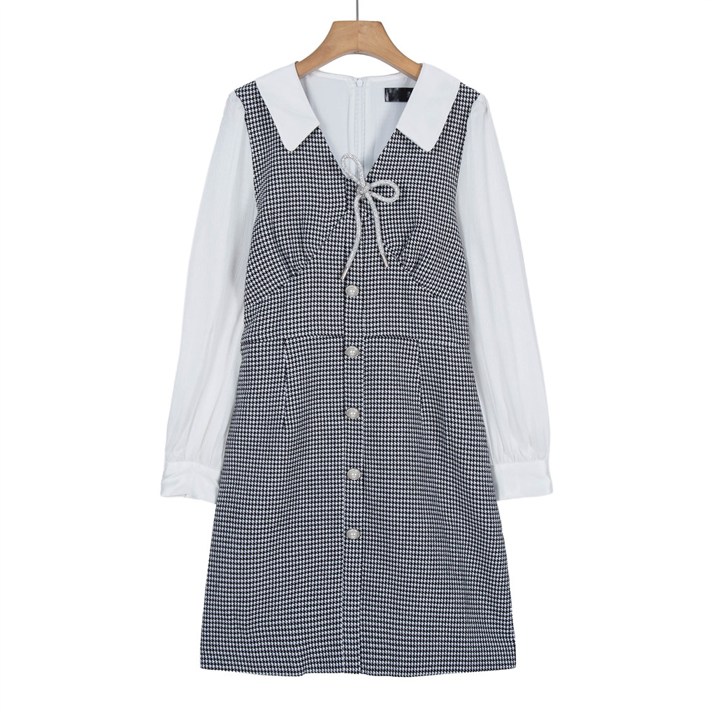 ราคาเคาน์เตอร์ 1079 [YU] Cut Label แฟชั่นผู้หญิง V คอเย็บแขนยาว Houndstooth กระโปรง 7707/C-743