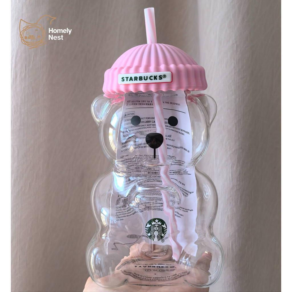 สตาร์บัคส์แก้วแก้วพร้อมหลอด20ออนซ์591มิลลิลิตรหมีสีชมพูถ้วยแก้ว-แก้วฟางใสที่มีฝาปิดน่ารักสร้างสรรค์ เครื่องดื่ม สําหรับโฮมออฟฟิศของขวัญ