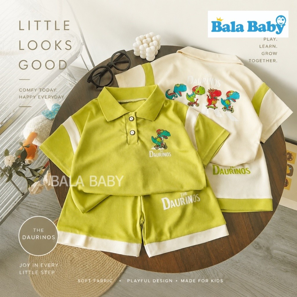 ชุดลำลองเด็ก ชุดเด็กเซ็ตเสื้อโปโล + กางเกงขาสั้น ลายไดโนเสาร Dino Kids Set DXT09