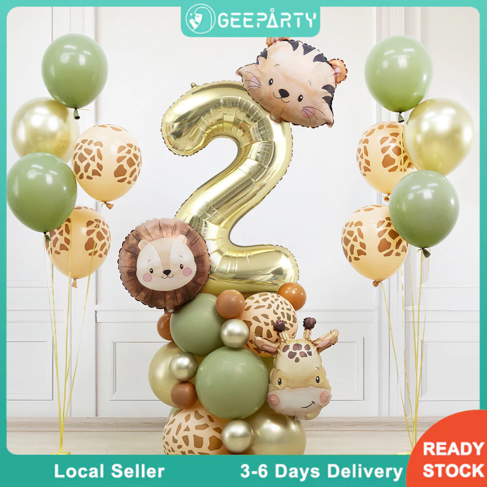 GeeParty ลูกโป่งตัวเลขฟอยล์สัตว์ 38 ชิ้น สิงโต ยีราฟ เสือ สำหรับงานเลี้ยงวันเกิดเด็กธีมซาฟารี