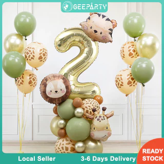 GeeParty ลูกโป่งตัวเลขฟอยล์สัตว์ 38 ชิ้น สิงโต ยีราฟ เสือ สำหรับงานเลี้ยงวันเกิดเด็กธีมซาฟารี