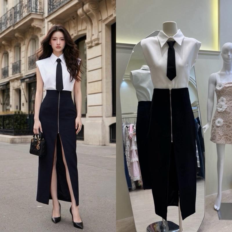 เซ็ต3ชิ้น เสื้อเชิ้ตแขนสั้นลายดำ มาคู่กับกระโปรง พร้อมเน็คไทค์