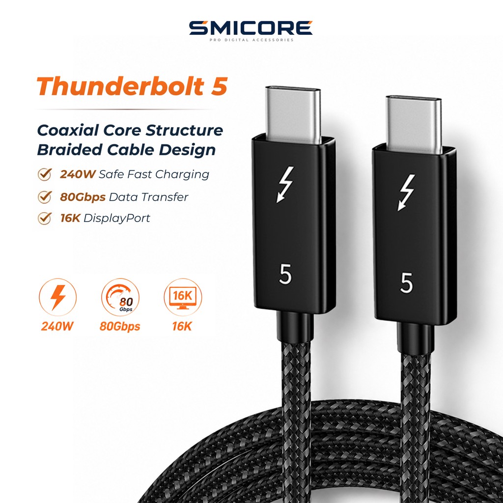 สาย Thunderbolt 5 USB-C Coaxial Cable 80Gbps Data Transfer PD 240W 16K@60Hz Dual 8K รองรับ USB4 MacBook Laptop Dock eGPU
