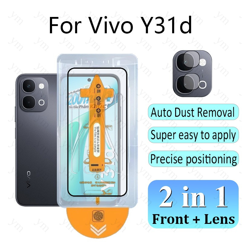 ฟิล์ม ฟิล์มกระจก 2 in 1 Vivo Y31d HD One-คลิกฝุ่นฟรีกระจกนิรภัยป้องกันหน้าจอฟิล์มสําหรับVivo V70 V60 V50 Lite Y05 Y11d Y04 Y21d Y19s Y29 Y31d Elite FEเลนส์กล้องFlim