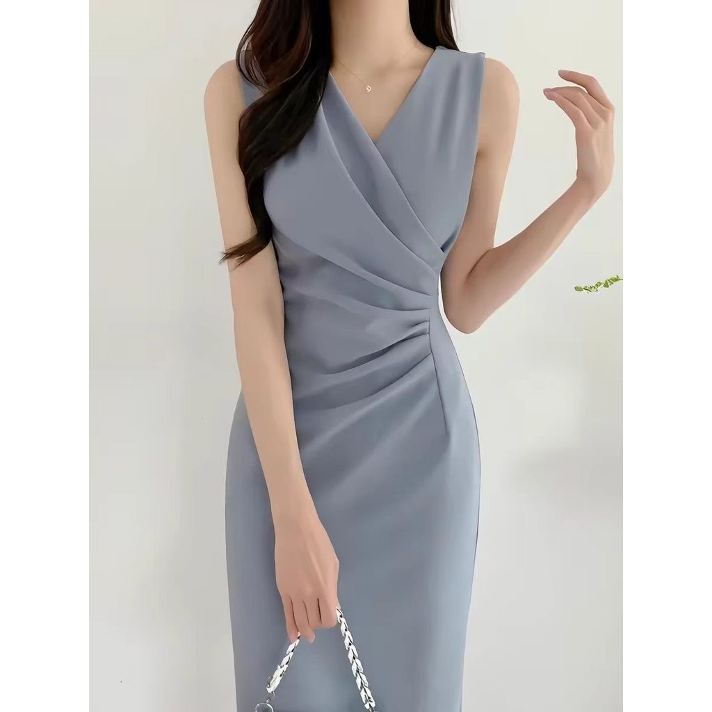 blue dress เดรสสีฟ้าแฟชั่นเกาหลี แขนกุดคอวี รัดรูปยาวกลางเข่า ชุดทำงานผู้หญิง สาวอวบใส่ได้ เรียบหรูดูแพง