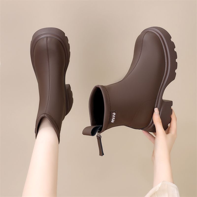 软皮厚底切尔西靴女短靴2025年新款加绒马丁靴秋冬英伦风烟筒靴子Soft Leather Platform Chelsea Boots Women Ankle Boots 202520251219