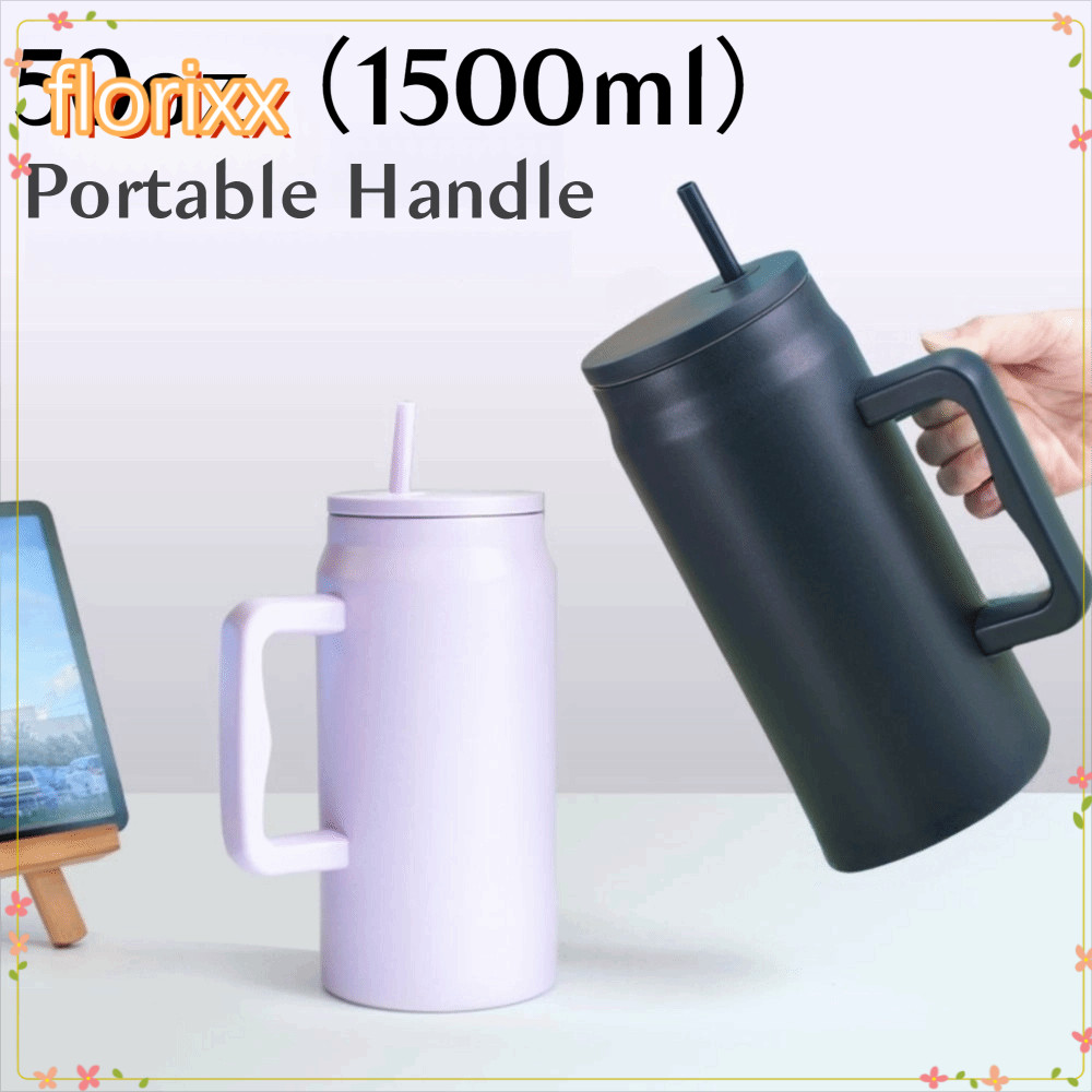 FLORIXX Car Cup Thermal, ถ้วยเก็บความร้อนแบบเรียบง่ายแบบใช้ซ้ําได้, Modern 50oz 1500ml พร้อมที่จับและขวดน้ําฝาฟาง