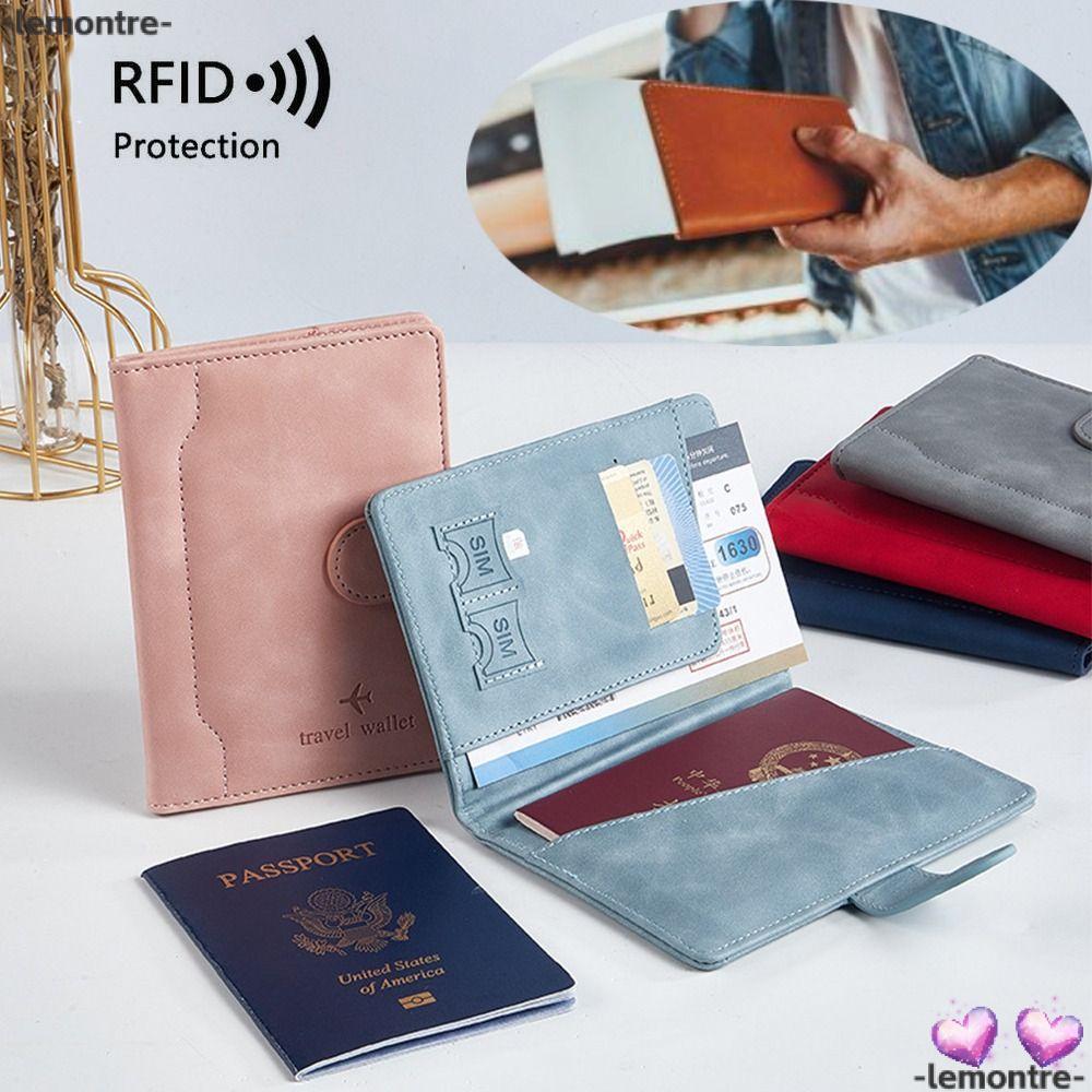 LEMONTRE Passport Bag, Leather Ultra-thin RFID Passport Holder, Portable Multi-function Waterproof R