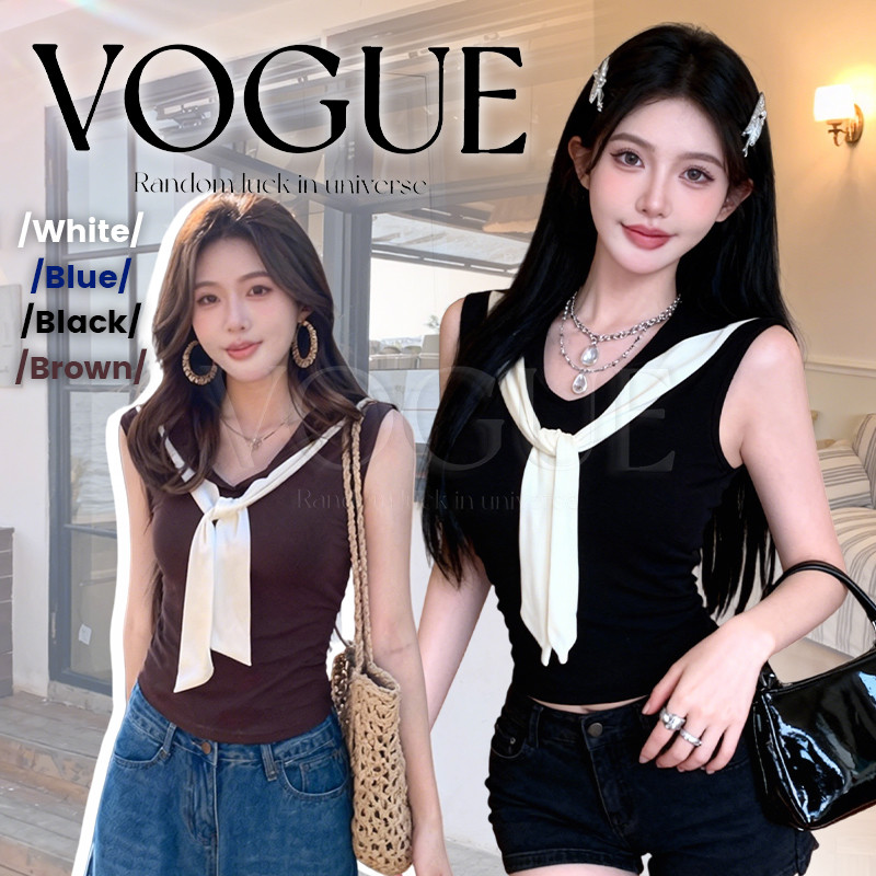 Vogue🌟พร้อมส่ง🌟 เสื้อแขนกุด สไตล์สาวเกาหลี สีพื้น เสริมฟองน้ำ ครอปสั้น (FY5536)