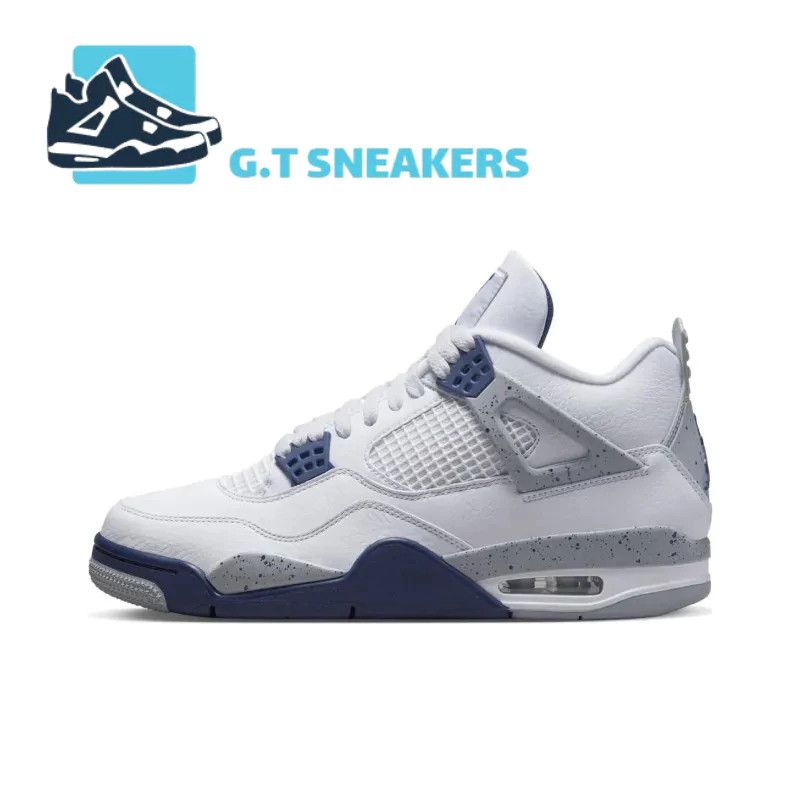 AIR JORDAN 4 Retro สีขาวสีฟ้า Midnight Mid-Tube Cushion รองเท้าบาสเก็ตบอลกันกระแทกกีฬาผู้ชายผู้หญิง 