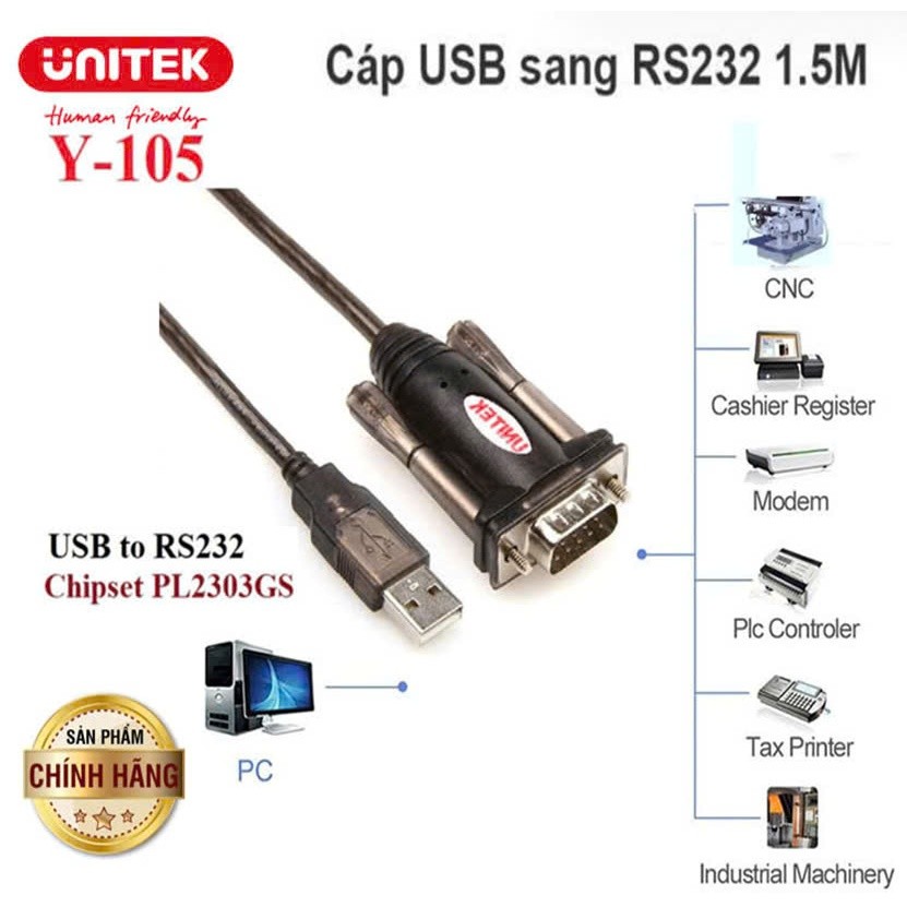 Unitek Y-105 VEGGIEG V-U401 สาย USB to Com (USB to RS232 ยาว 1.5M)