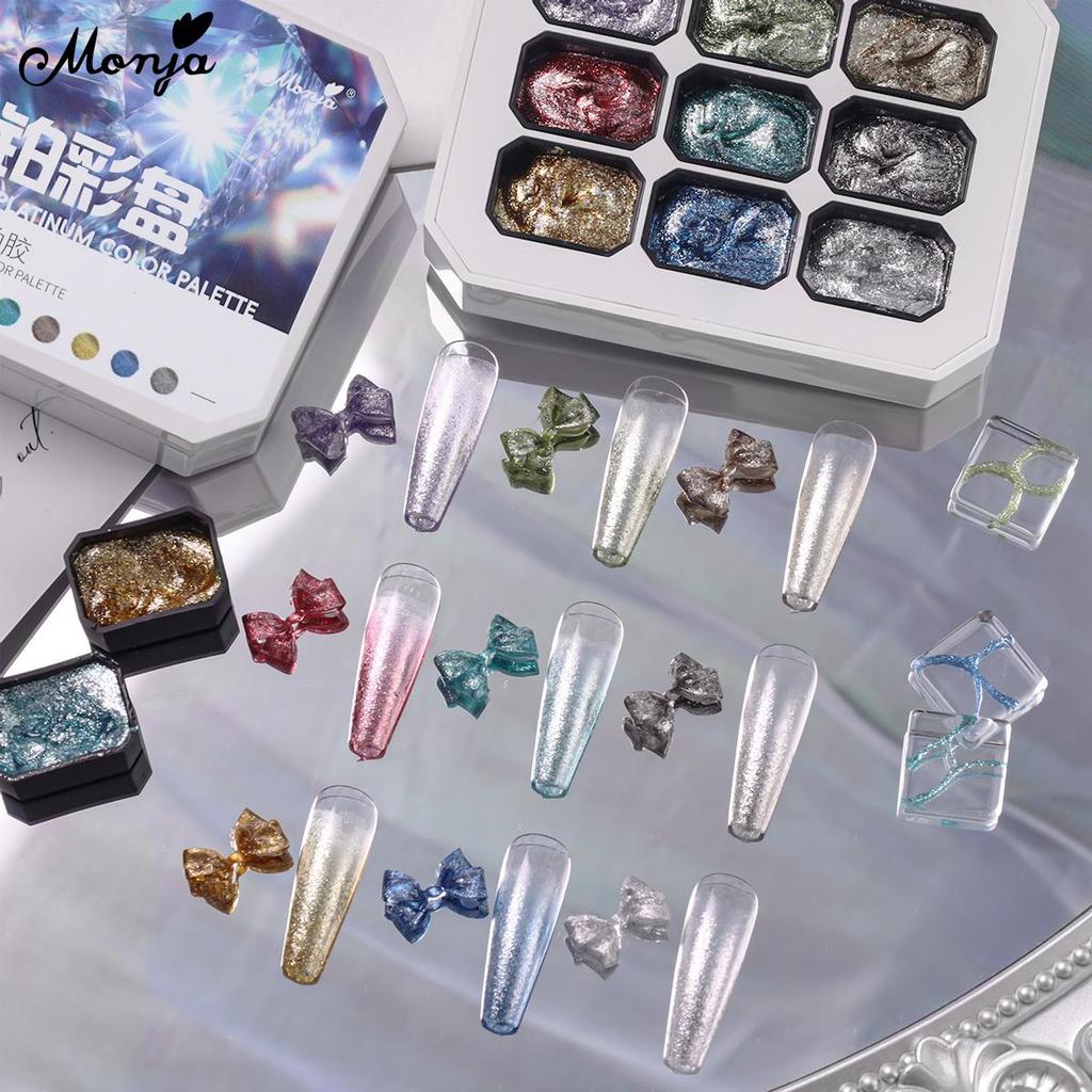 Monja 9 สี/กล่องเล็บ UV เจลโปแลนด์ Shinning เพชร Glitter Platinum ระเบิดเลื่อมสะท้อนแสงแฟลช Lacquer