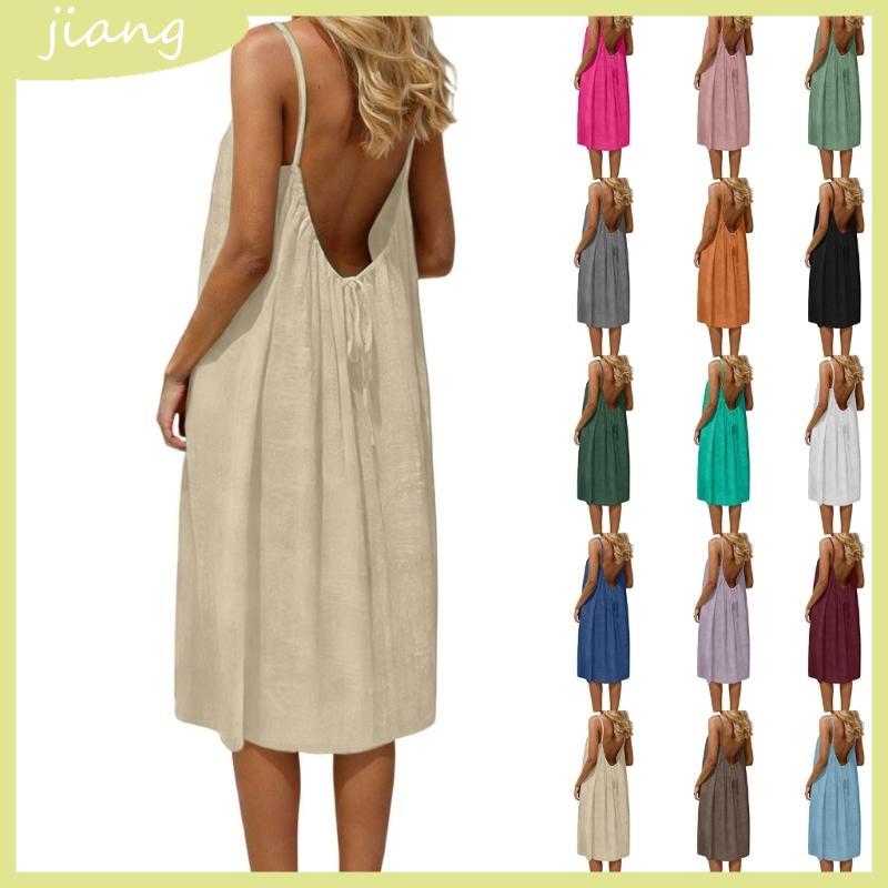 JN Backless Cami Dresses สําหรับผู้หญิง Cami Lounge Dress Backless สีทึบแขนกุด House Dress Long Sund