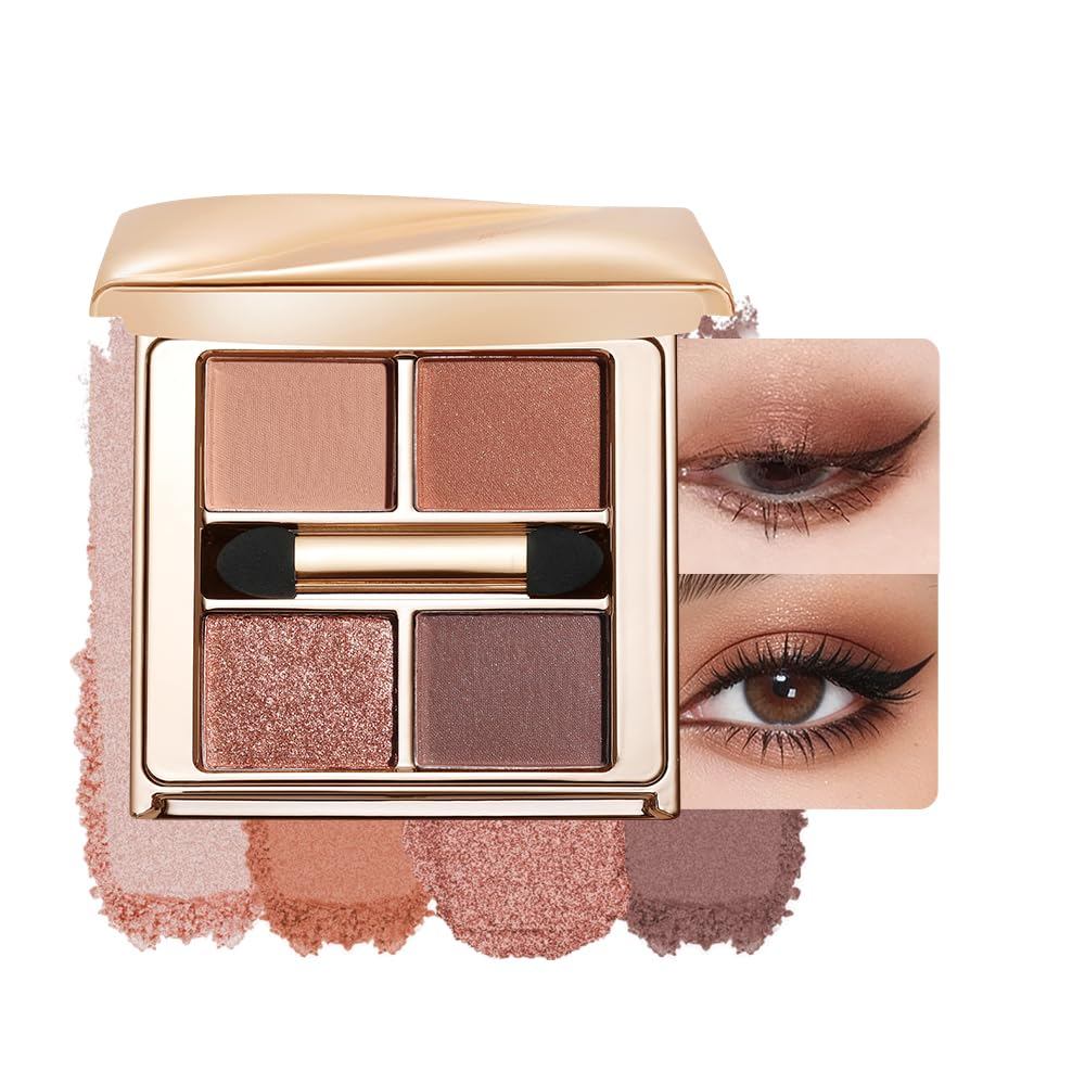 Warm Rosy Brown Eyeshadow Palette, 4 เฉดสี Neutral Nude Matte & Shimmer Eye Makeup for Soft Glam & R