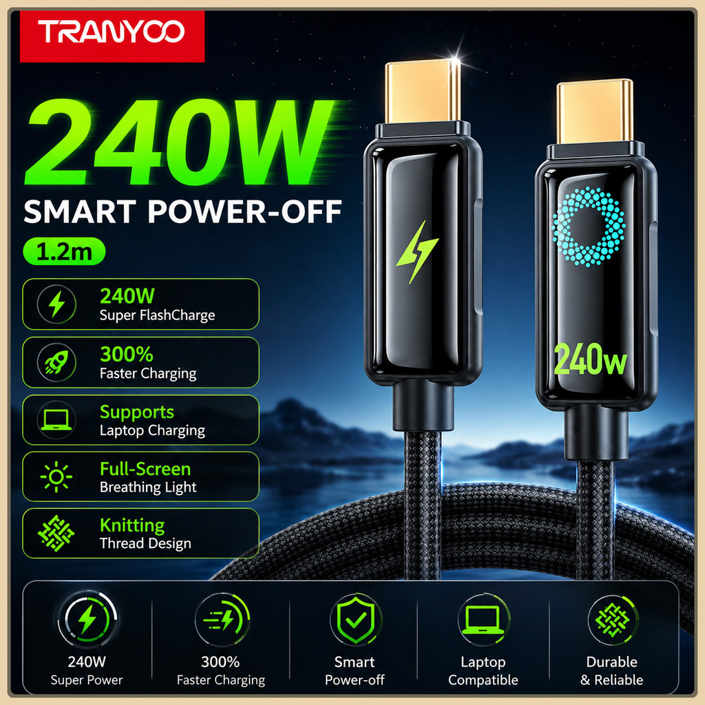 TRANYO0 CC-9 สายชาร์จอัจฉริยะขั้นสูง, 240W C-ke-C, 36W C-to-L เหมาะสําหรับ iPhone, Android, Poco, Sa