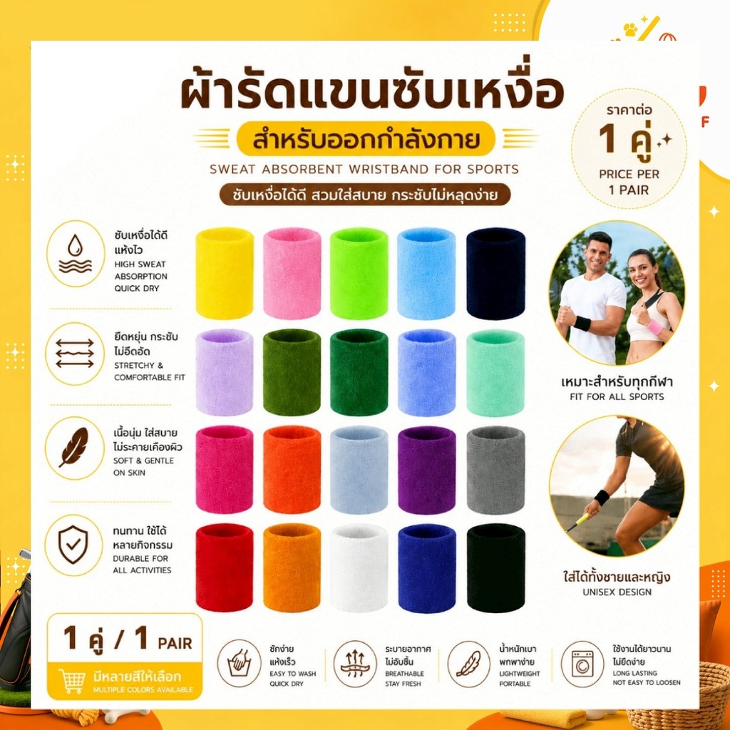 ผ้ารัดแขนซับเหงื่อ สำหรับออกกำลังกาย แบบ 1 คู่ ที่รัดแขนกีฬา ซับเหงื่อดี สีสันสดใส พร้อมส่ง ราคาคุ้มค่า