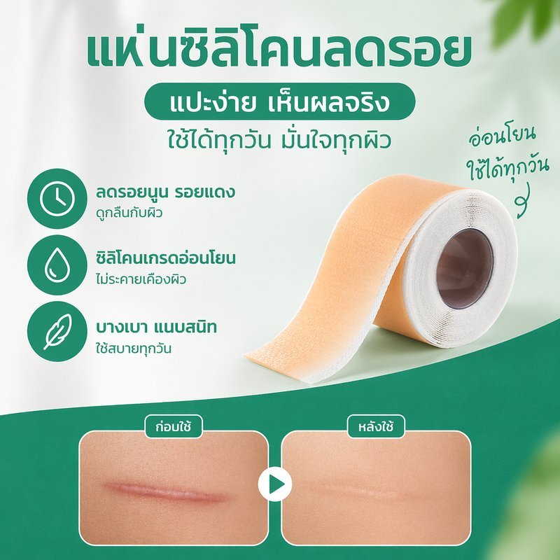 แผ่นแปะแผลเป็น ซิลิโคนลดรอยแผลเป็น คีลอยด์ แผลผ่าตัด กันน้ำ ล้างใช้ซ้ำได้ ผ้านุ่ม ระบายอากาศ