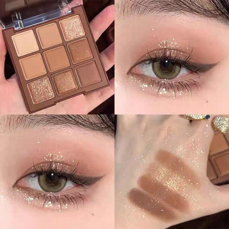 พาเลตอายแชโดว์สีเอิร์ธโทนช็อกโกแลต อายแชโดว์สำหรับแต่งหน้าเบา เหมาะกับตาบวม เนื้อแมตต์และชิมเมอร์ 9 สี รุ่นใหม่ สำหรับนักเรียนและผู้เริ่มต้น แต่งหน้าใสๆ