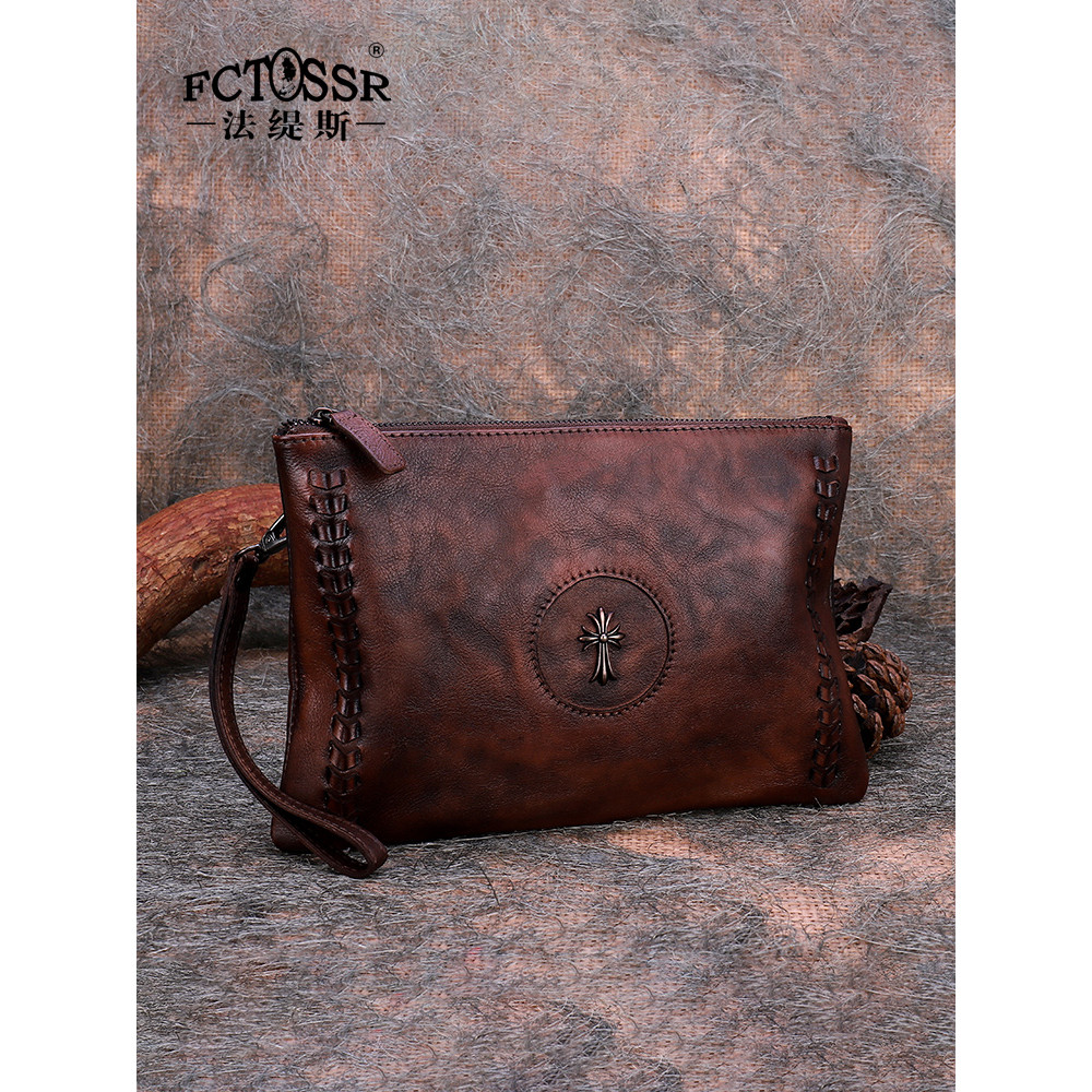 Fatis ของแท้หนังผู้ชายผู้หญิง Unisex กระเป๋าคลัทช์ Retro Distressed ขนาดใหญ่-ความจุแบบพกพาซองจดหมายก