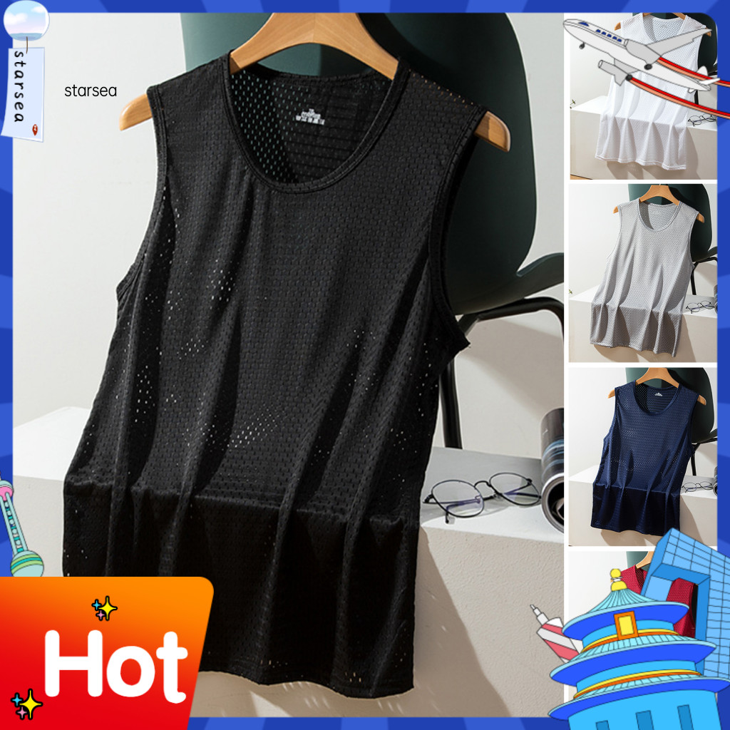 SRA ZK ผู้ชายกีฬาเสื้อกั๊ก Hollow Out สีทึบแขนกุด ออกแบบรอบคอน้อย สำหรับออกกำลังกาย ดูดซึมเหงื่อดี พ