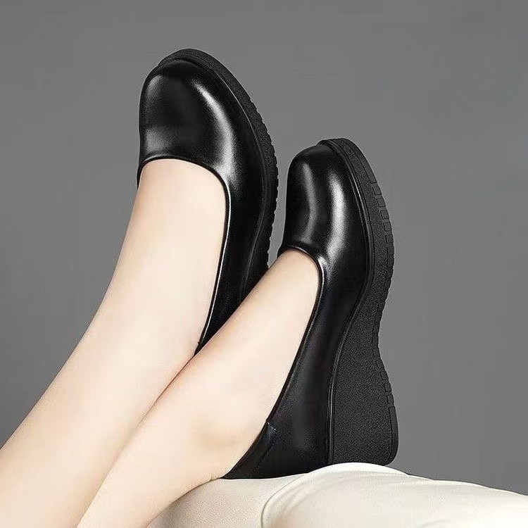 Four Seasons Wedge Heel Round Toe Mid-Heel Womens Shoes Wedge Root Shallow Mouth Black Leather Shoes