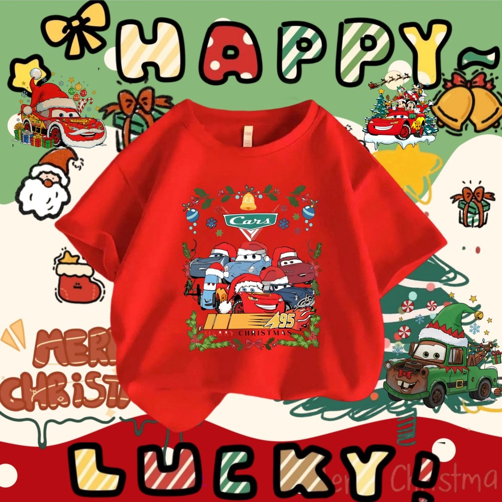เสื้อยืดรถคริสต์มาส ชุดคู่ Lightning McQueen และ Mater ธีมคริสต์มาส McQueen 100-5XL 02