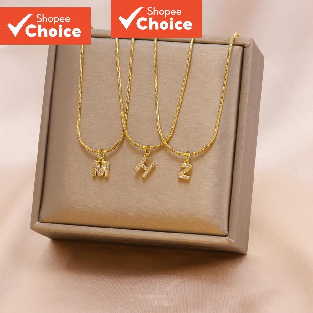 Golden 26 ตัวอักษร Pendent สร้อยคอ Roe ผู้หญิงเพทายชื่อเริ่มต้นสแตนเลส Clavicle Chain สร้อยคอสุภาพสต