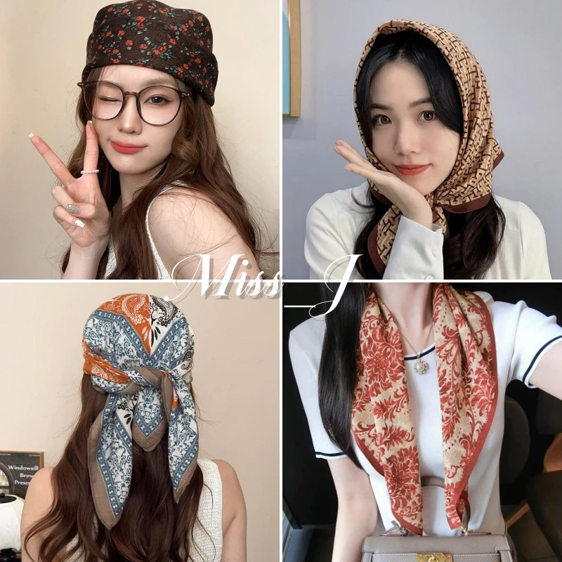 Miss_J พร้อมส่งจากกทม🎀ผ้าพันคอสี่เหลี่ยมผืนใหม่ ทำจากผ้าฝ้ายและผ้าลินิน อเนกประสงค์ ขนาด 70*70 ซม.