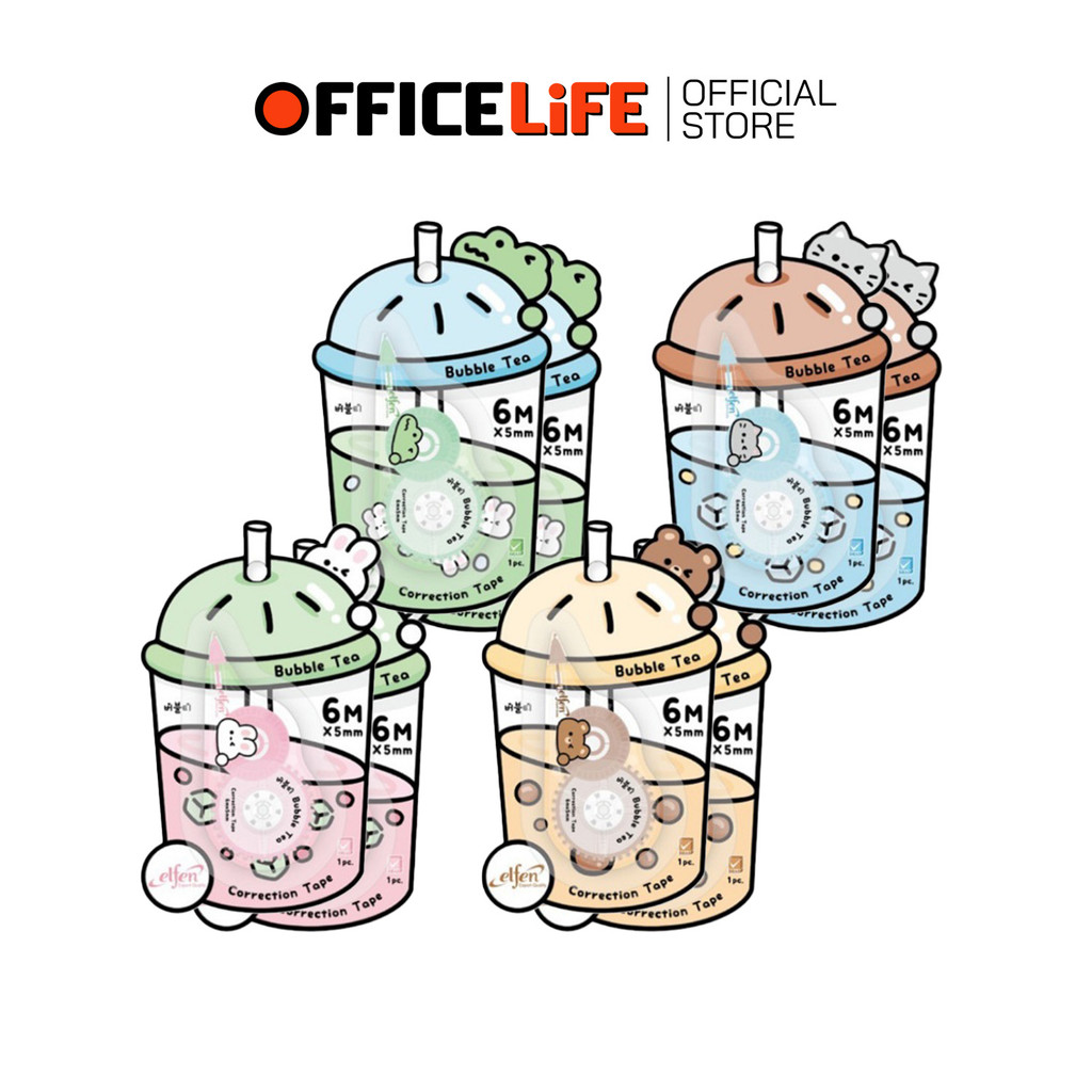 ELFEN (เอลเฟ่น) เทปลบคำผิด รุ่น BUBBLE TEA ยาว 6 เมตร แบบกดเก็บหัวได้ ( 12 ชิ้น  / กล่อง คละสี )