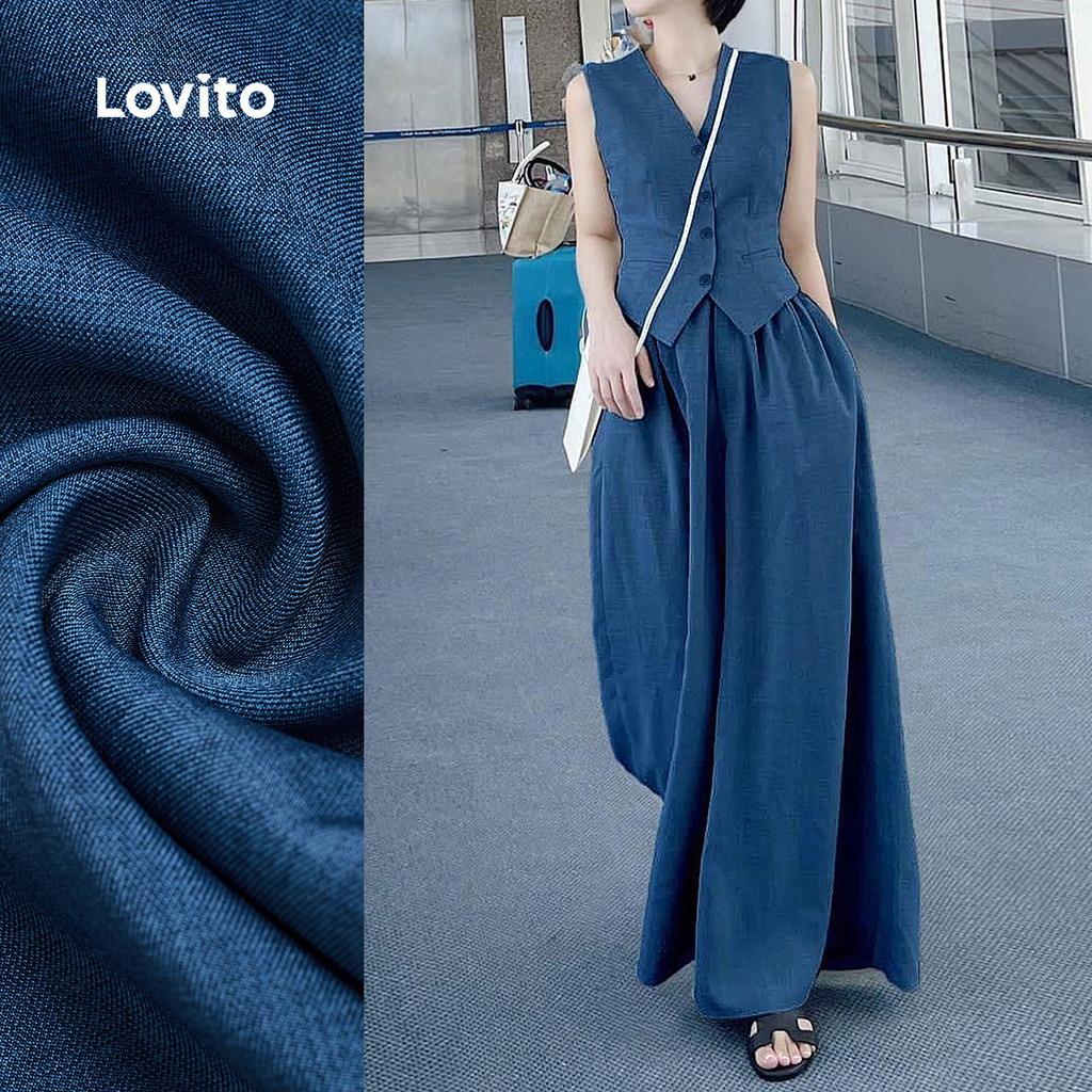 Lovito เสื้อหรือกางเกงท่อนบนหรือล่างสุดหรูหราสําหรับผู้หญิงฤดูใบไม้ผลิ/ฤดูร้อน กางเกงสีน้ําเงินทึบ L