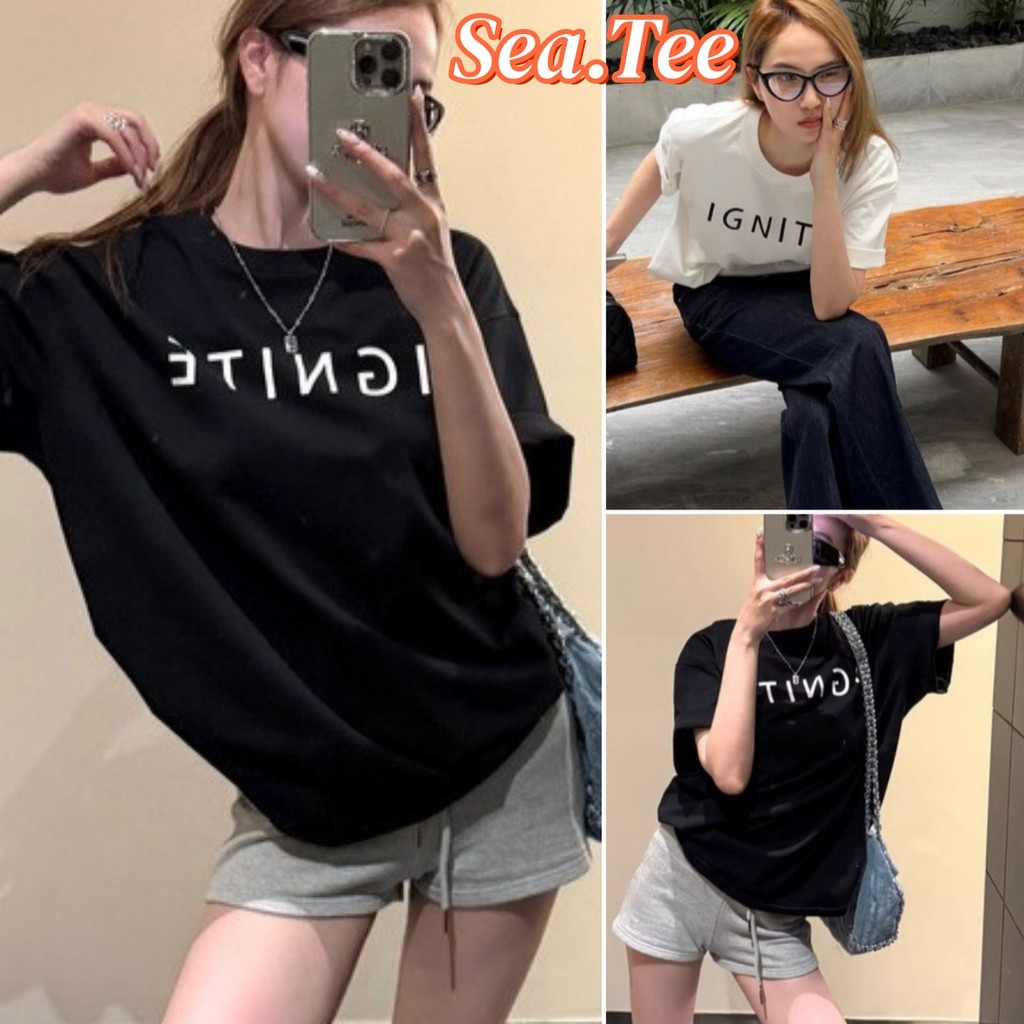 Sea.Tee [COD] เสื้อยืด oversize cotton100% เสื้อแฟชั่น คอกลม แขนสั้น พิมพ์ลาย 'GNITE' สไตล์ลำลอง ใส่