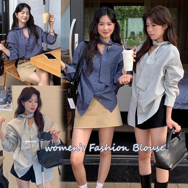 mimi&didi##เสื้อเชิ้ตลายสก๊อตคอวีและเนคไทโบว์และริบบิ้นผู้หญิง ชุดพี่น้อง เสื้อกระชับสัดส่วนลำลองฤดูใบไม้ร่วงของ#99032