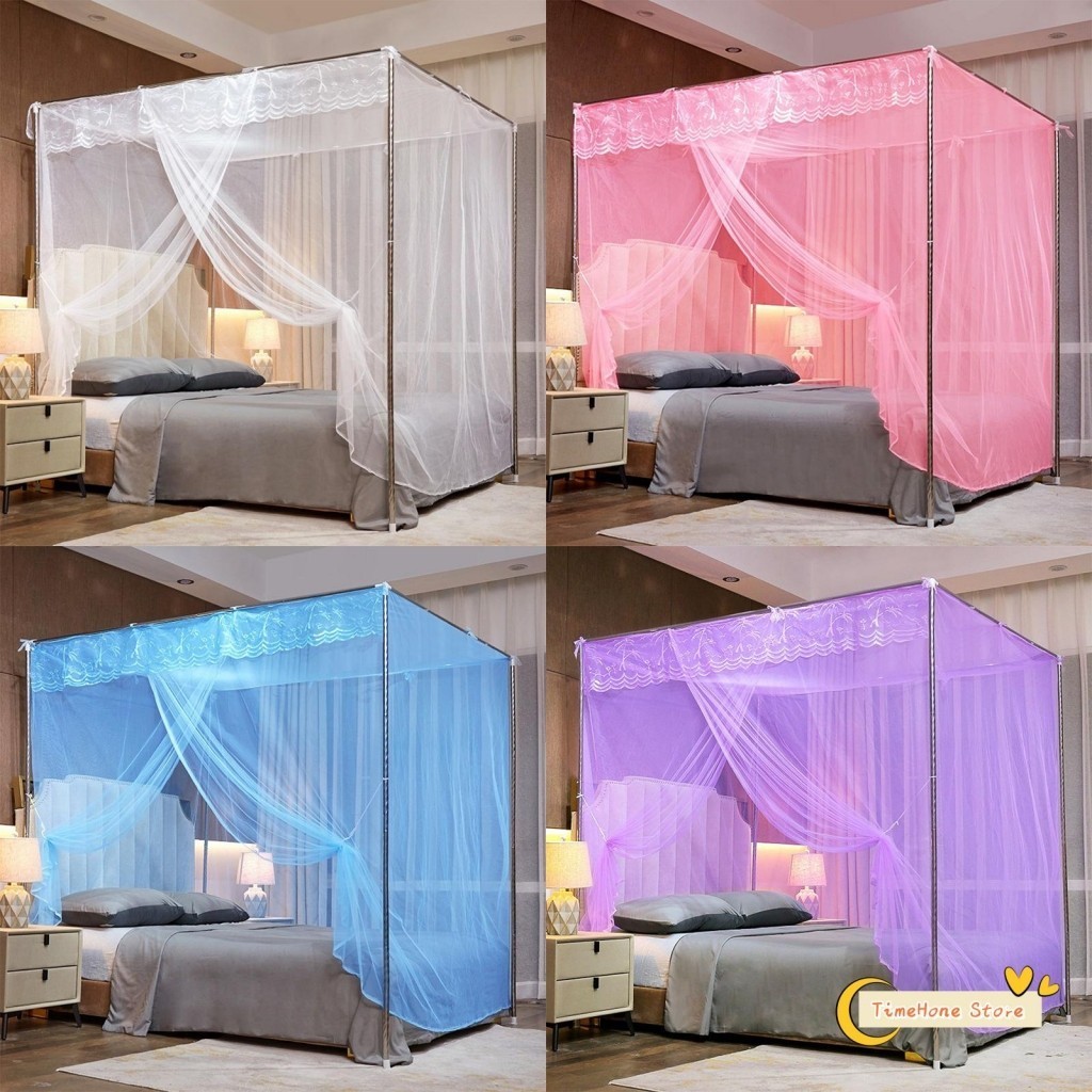 Canopy Bed Curtains 4 มุมโพสต์ลูกไม้ Trim Princess Bed Canopy มุ้งกันยุงสําหรับผู้ใหญ่เด็กห้องนอน（ไม