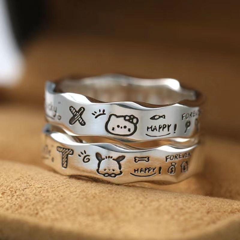 Minimalist Graffiti Wavy Edge Ring หญิง Ins Niche Design Joker ประณีตแฟชั่น Pochacco แหวนคู่