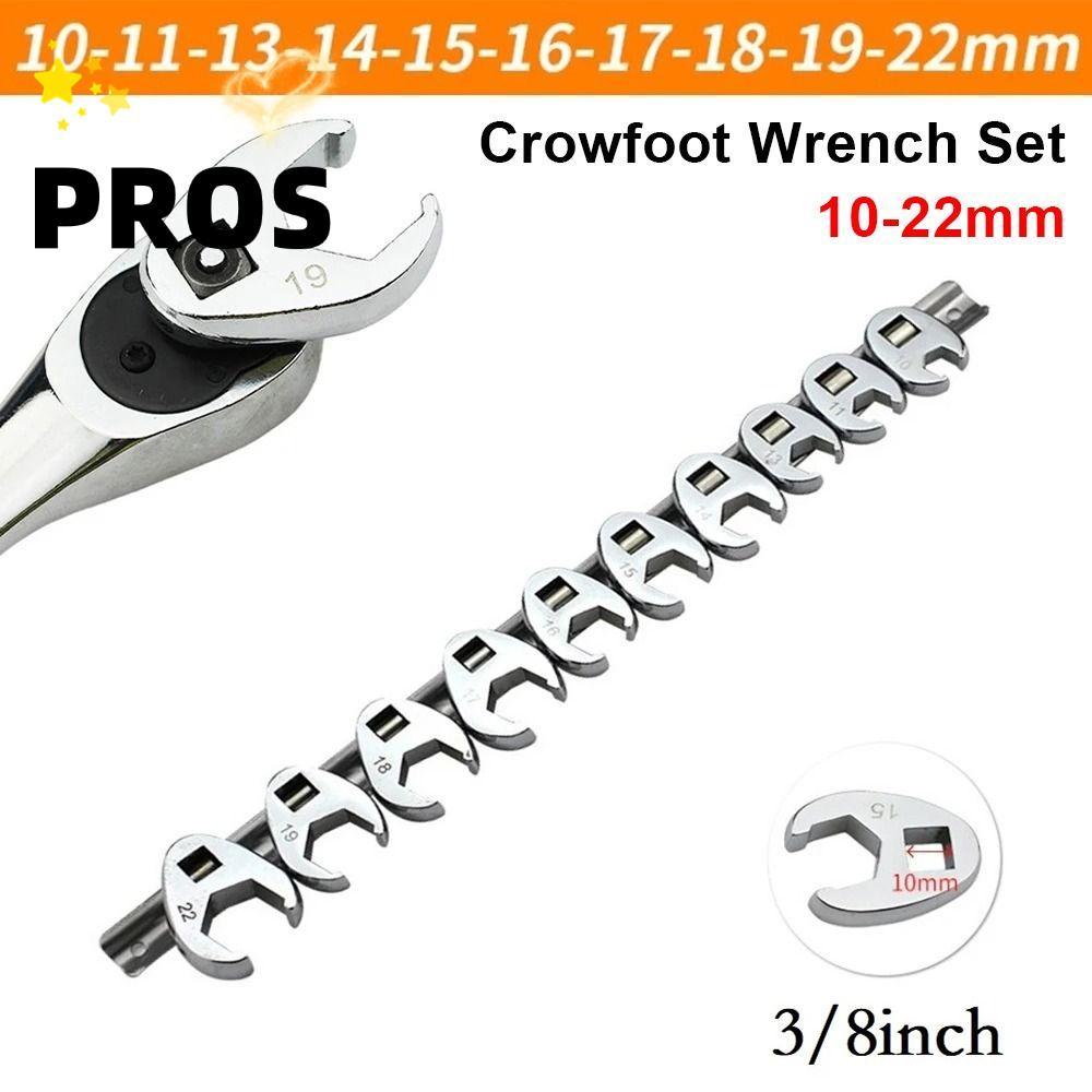 PROS 10 ชิ้น/เซ็ตประแจ Crowfoot, 3/8 นิ้วไดรฟ์ 10-22 มม.เปิด End Spanner, ทนทานเหล็กคาร์บอนเมตริกเท้าฮอร์นประแจเครื่องมืออุปกรณ์เสริม