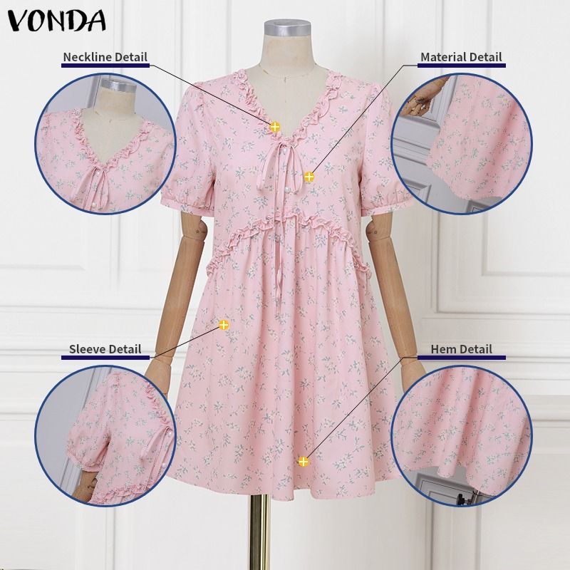 VONDA ผู้หญิงเกาหลีลําลองทอดอกไม้ V คอ Ruffle Tie เอวแยกออกแบบปกติไหล่พัฟแขนสาย Ruffle Hem หลวมประเภทแขนสั้นมินิเดรส — صورة 8