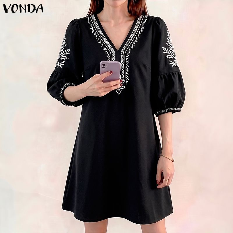 VONDA ผู้หญิงเกาหลีสไตล์ลําลอง V คอตําแหน่งดอกไม้รวบรวม Pleats ยืดหยุ่น Cuffs พัฟแขนหลวมทอสายสามในสี่แขนชุด — صورة 5