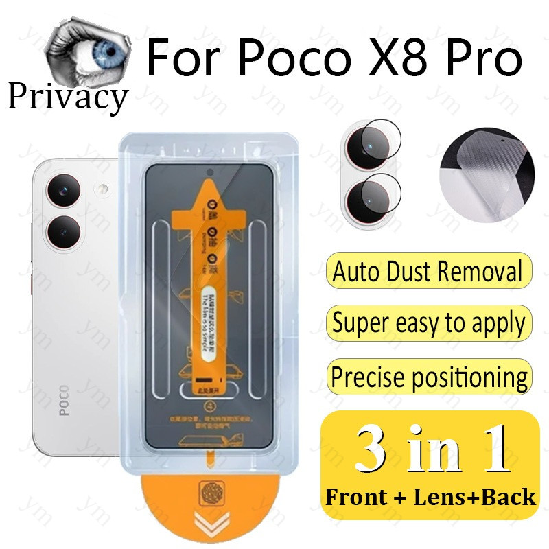 3 In 1 ฟิล์ม ฟิล์มกระจก Poco X8 Pro Anti-peeping One-คลิกฝุ่นฟรีกระจกนิรภัยป้องกันหน้าจอ Anti-Spy คว