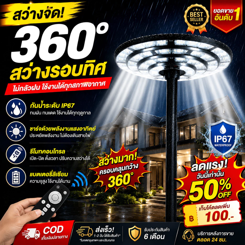 ของแท้💯% โคมไฟโซลาร์เซลล์ UFO 1200000W สว่างยันเช้า solar light โคมถนนโซลาร์เซลล์พร้อมรีโมท และอุปกรณ์ติดตั้ง