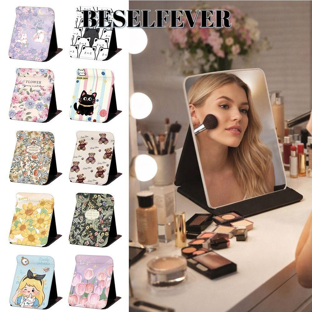 BESELFEVER กระจกแต่งหน้าตั้งโต๊ะ, กระจกโต๊ะเครื่องแป้งแบบพับพลิกด้านบน, แฟชั่นดอกไม้ยืนกระจกขนาดกะทัดรัด Home&Office