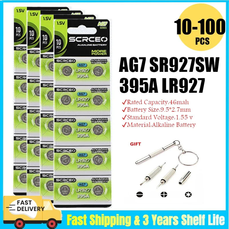 10-100PCS AG7 SR927SW 395 แบตเตอรี่เซลล์ปุ่ม LR927 LR57 SR927W 399 395A แบตเตอรี่อัลคาไลน์สําหรับนาฬ