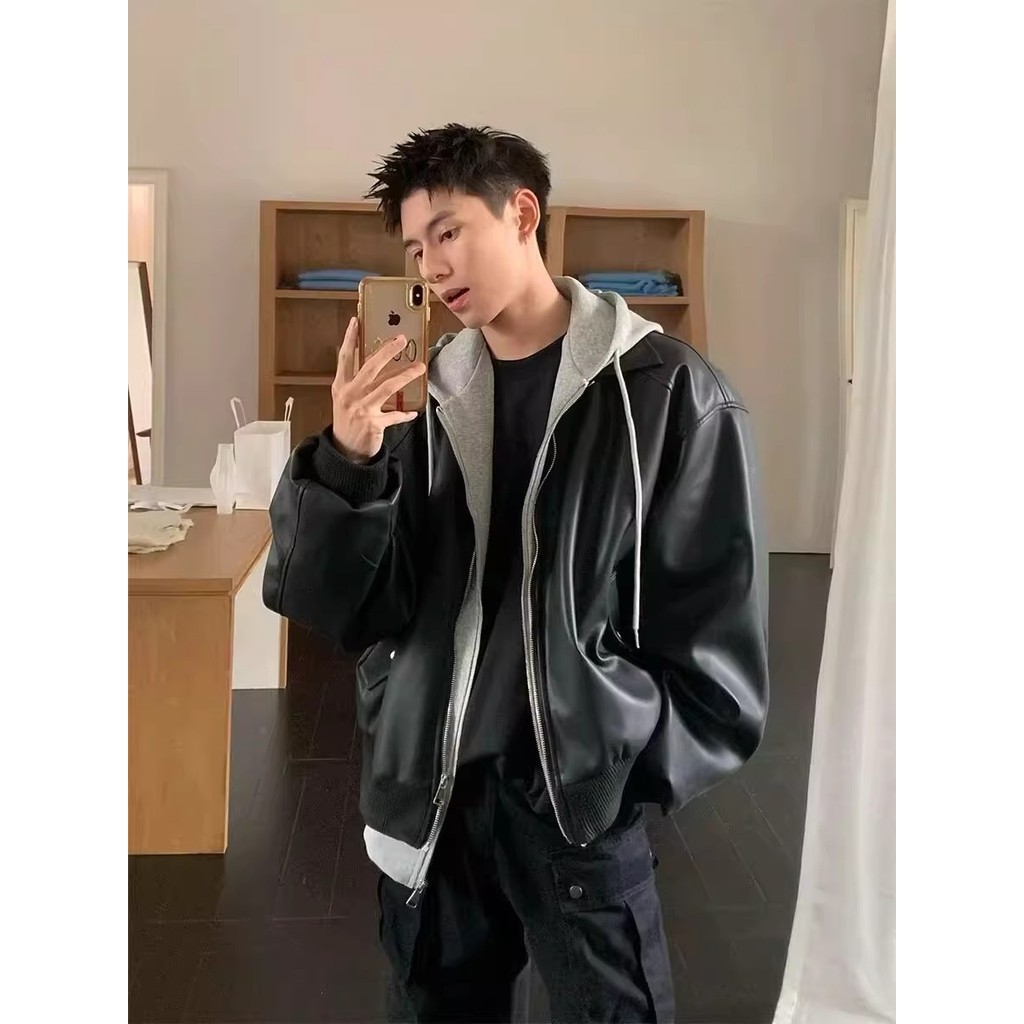 ฤดูใบไม้ร่วงฤดูหนาวHoodedแจ็คเก็ตปลอมสองชิ้นผู้ชายHigh-End Sense Ruffianหล่อPUหนังแจ็คเก็ตเงินเก่าสไตล์คู่