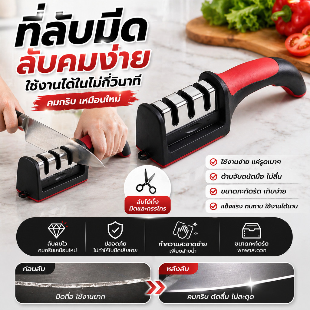 ที่ลับมีด ลับมีด 3 ระดับ เครื่องลับมีด อุปกรณ์ลับมีด ครัว ลับคมมีดเร็ว ใช้งานง่าย Knife Sharpener
