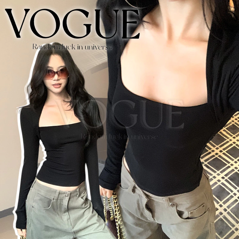Vogue🌟พร้อมส่ง🌟 เสื้อยืดแขนยาว ทรงรัดรูป ใส่ง่าย สีดำ สไตล์มินิมอล (FY3458)